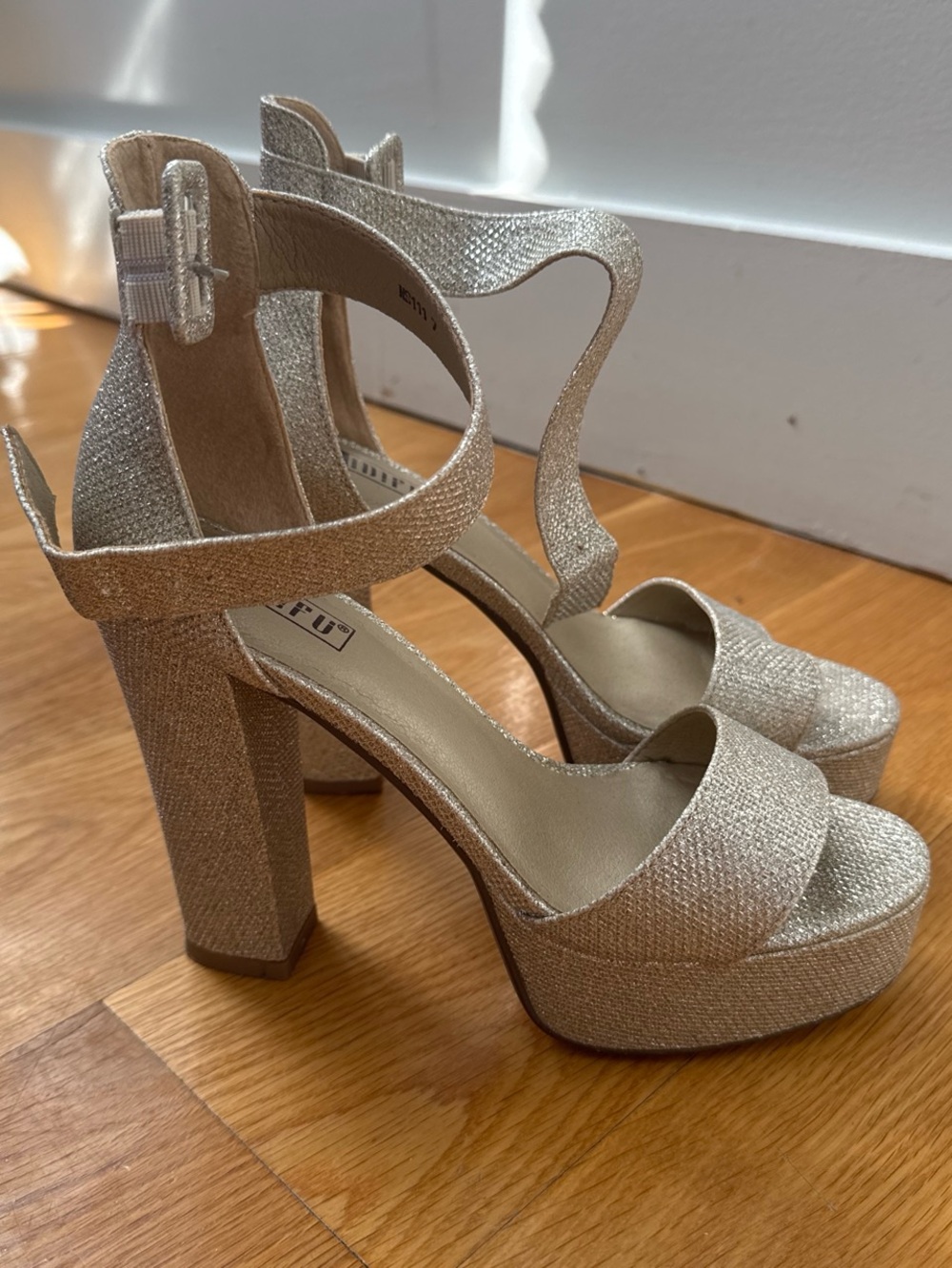 Platform Ankle-Strap High Heels in Shimmering Gold